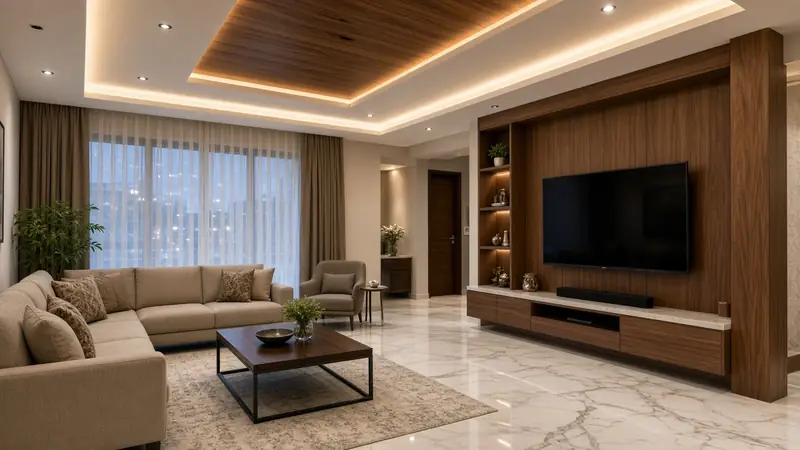 Living room with a gypsum false ceiling, warm cove lighting and a walnut TV wall
