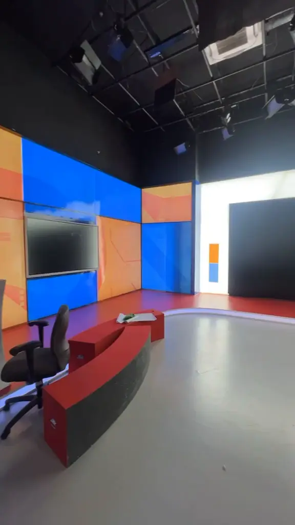 Chroma wall, LED wall and curved anchor desk.