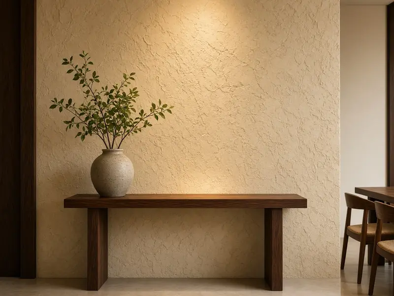 Sand-beige textured lime plaster feature wall with wooden console