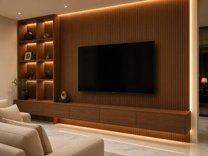 Custom fluted walnut TV unit wall with backlit shelves